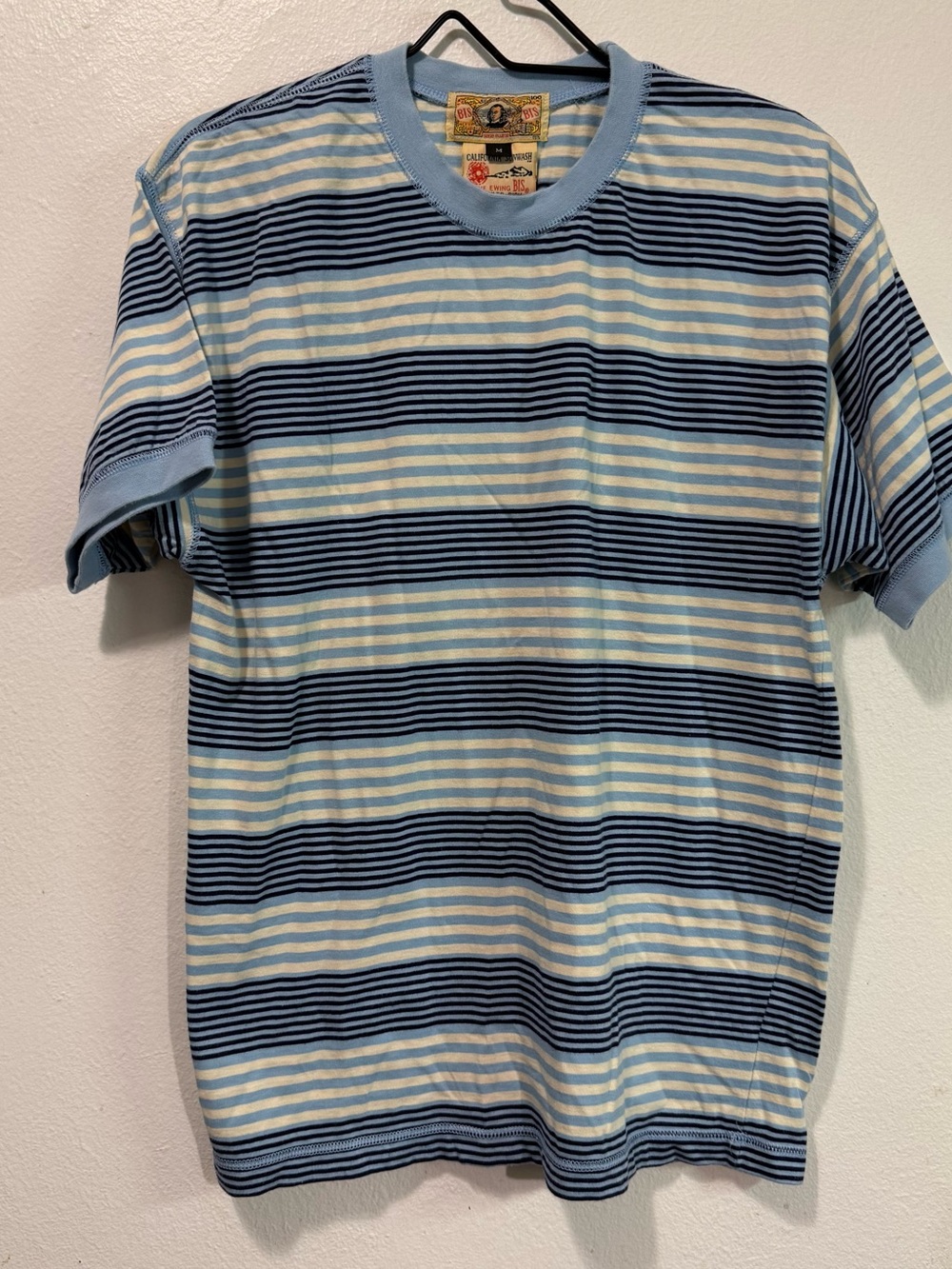 Gene  Ewing BIS Men's Blue Navy Striped Crewneck Tee - Vintage Pullover Medium